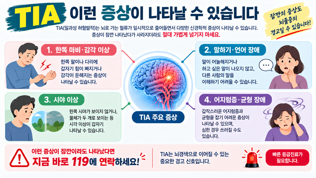 잠깐 팔에 힘 빠졌다 괜찮아졌다면?|TIA(일과성 허혈발작)가 보내는 뇌경색 경고신호 증상