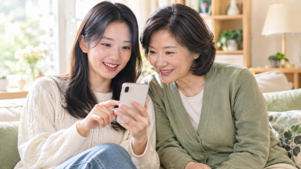 50세 되자마자 받은 2026 국가암검진 후기, 대장암·유방암·자궁경부암 한 번에 받는 법 스마트폰을 함께 보는 모녀의 따뜻한 순간